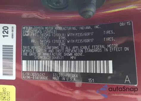 2015 Toyota Sienna Xle 8 Passenger from USA, damaged, VIN 5TDYK3DC2FS648531